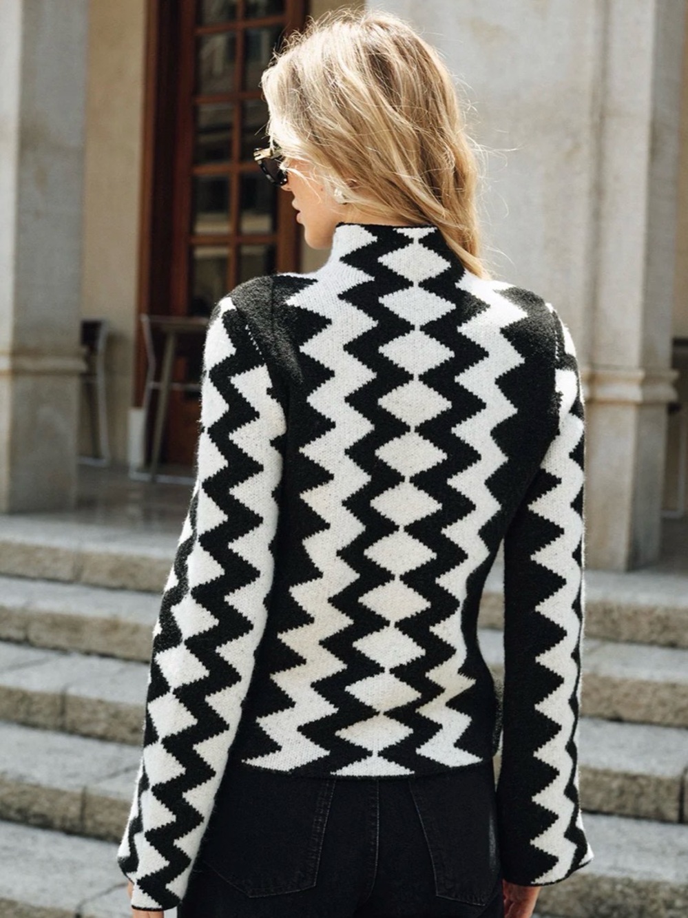 Commense Black & White Zigzag Cowl Sweater - Picture 5 of 7